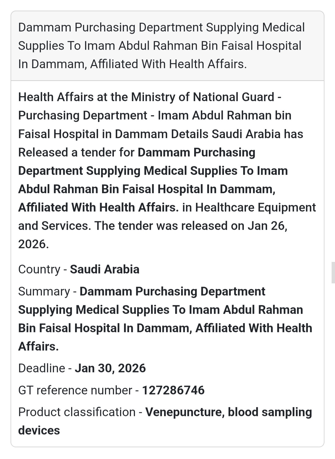 🏥 Medical Supplies – Blood Sampling Devices (Tender 3)