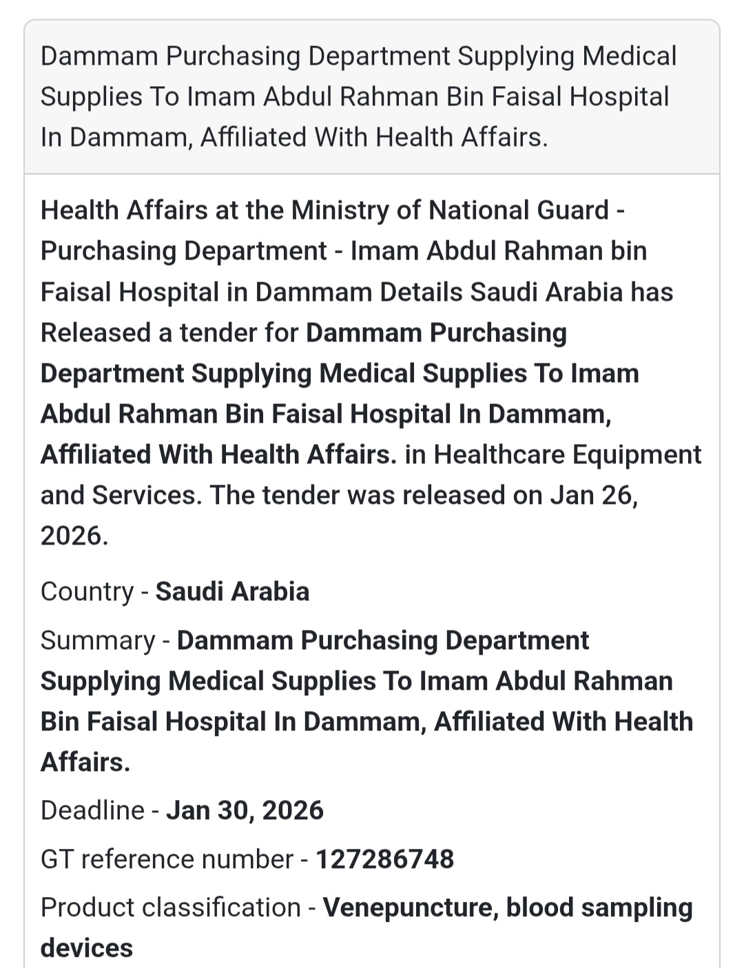 🩸 Medical Supplies – Dammam Hospital (Tender 2