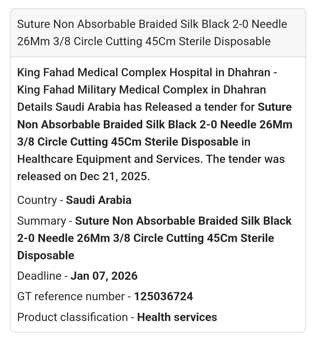 🏥 Medical Supplies Tender – Saudi Arabia