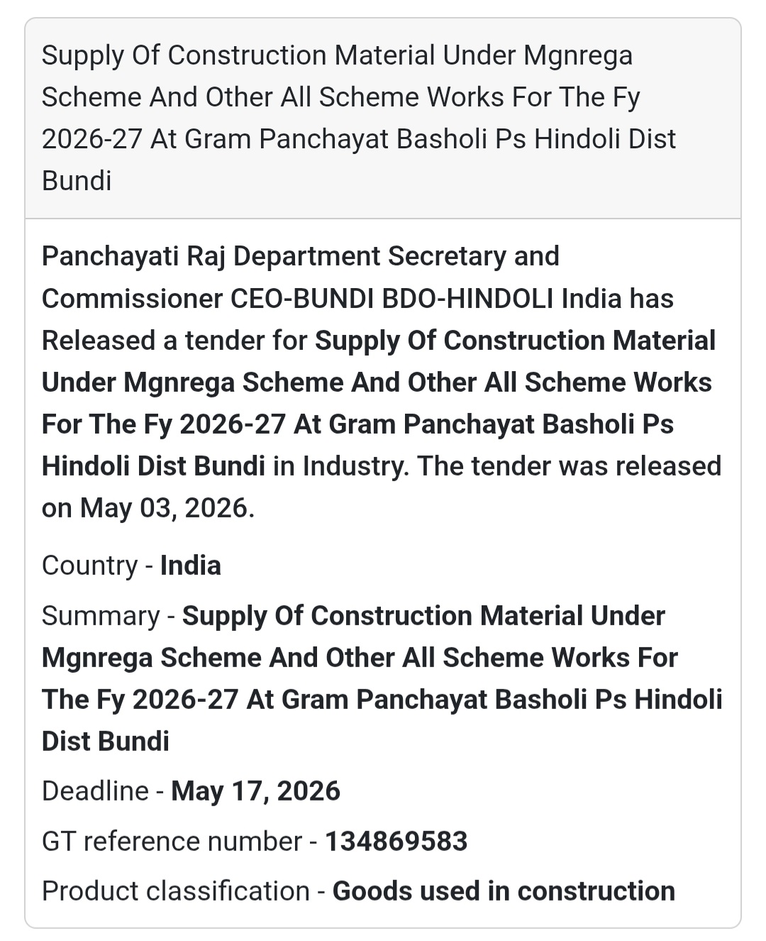 🧱 MGNREGA Material Supply – Basholi (Bundi)