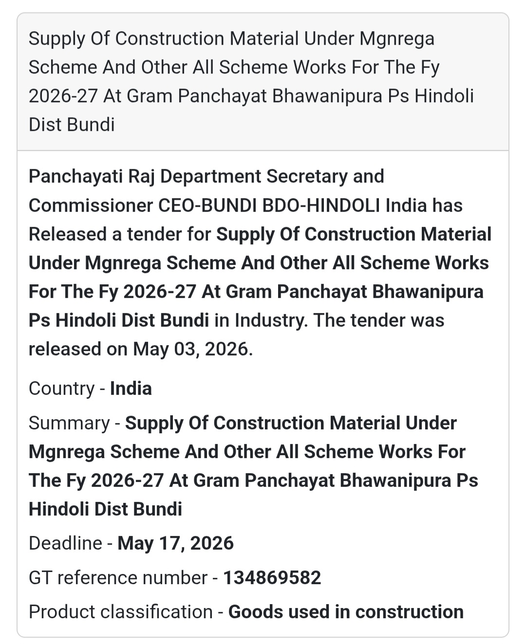 🧱 MGNREGA Material Supply – Bhawanipura (Bundi)
