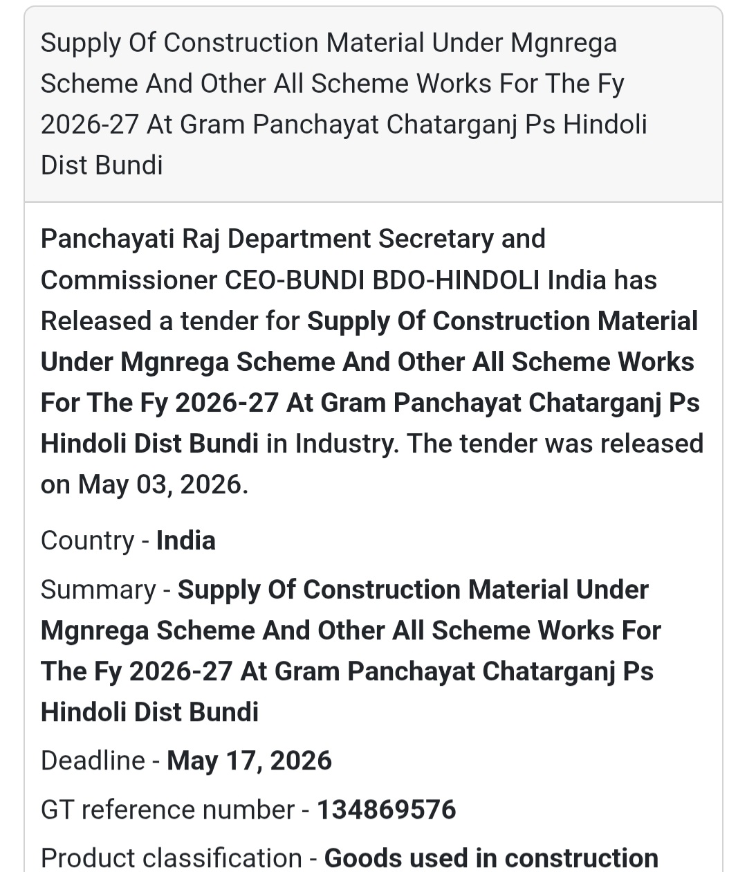 🧱 MGNREGA Material Supply – Chatarganj (Bundi)