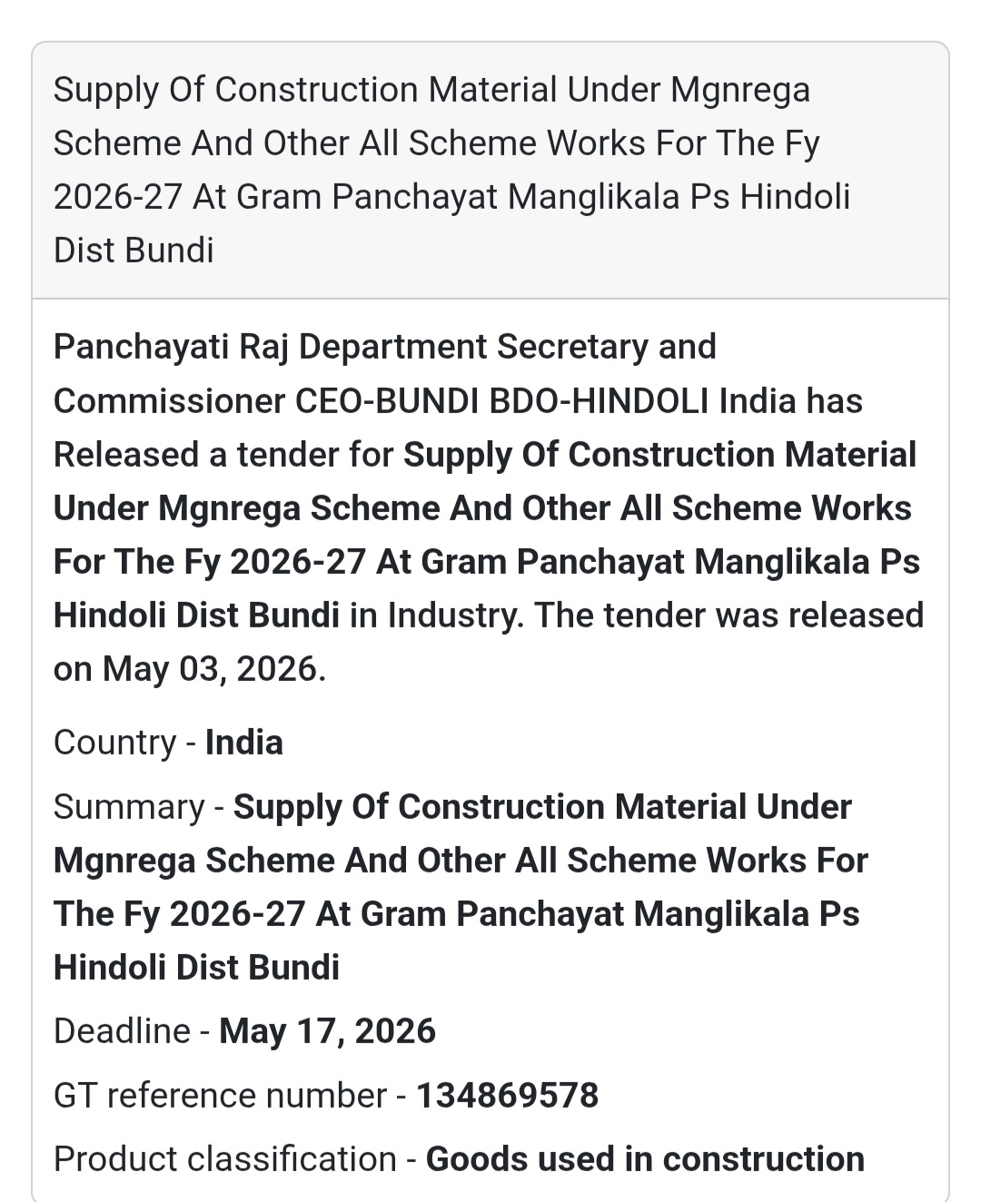 🧱 MGNREGA Material Supply – Manglikala (Bundi)