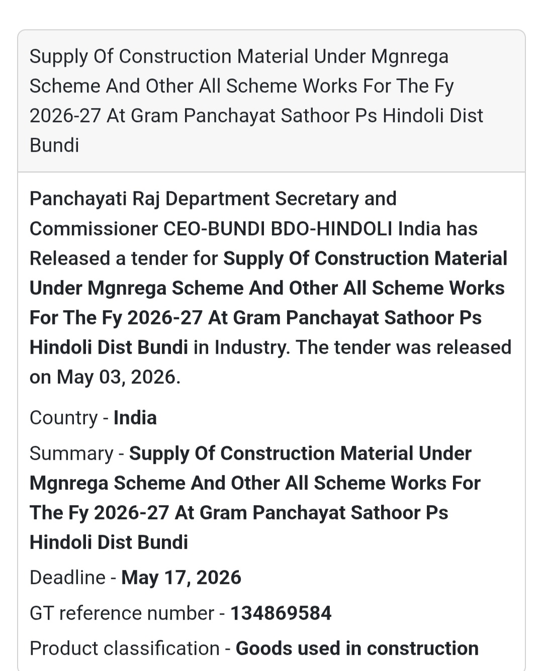 🧱 MGNREGA Material Supply – Sathoor (Bundi)