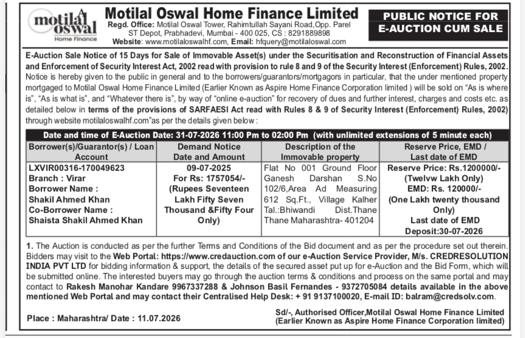 🏠 Motilal Oswal Home Finance Ltd. – E-Auction Cum Sale Notice