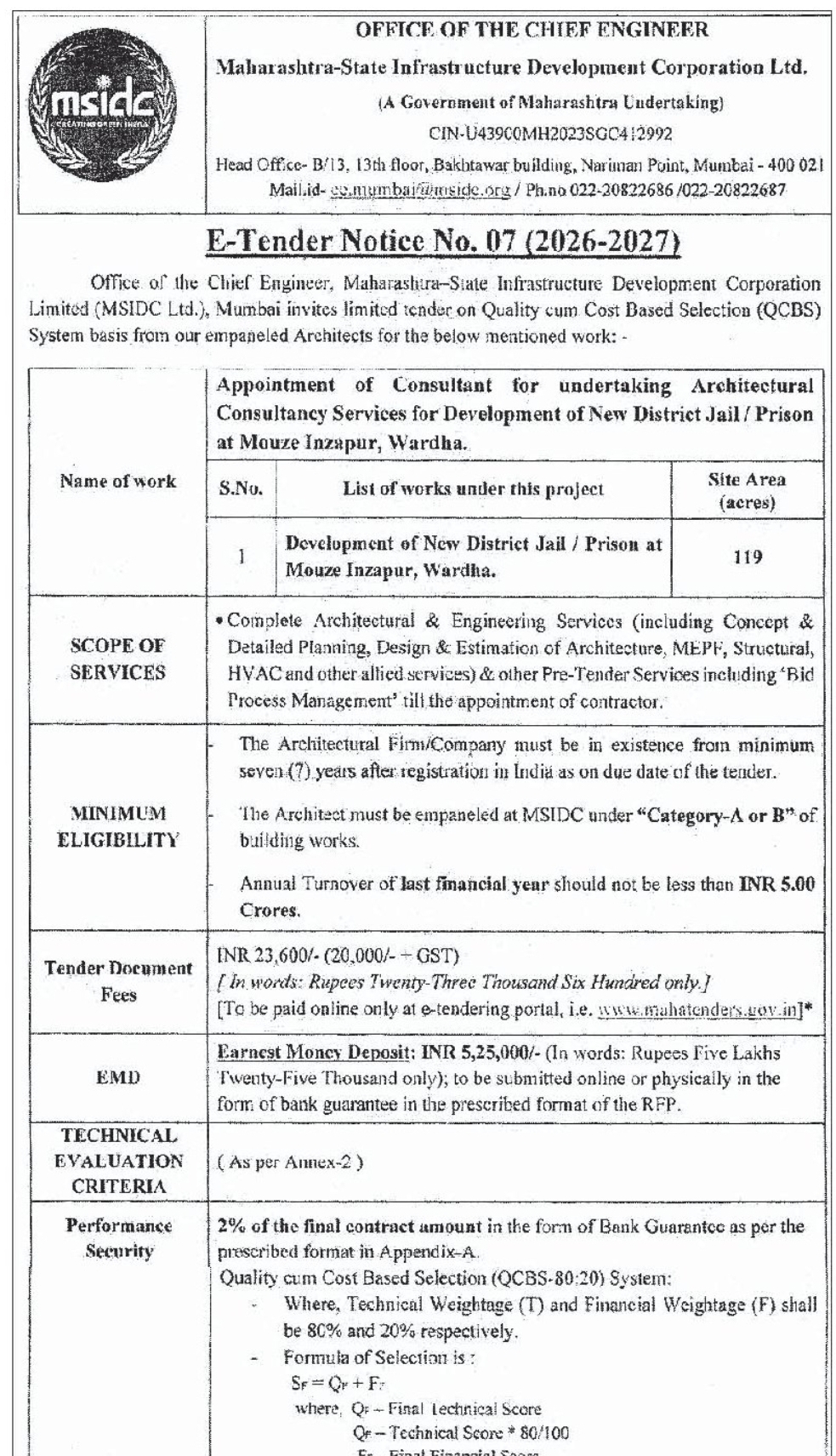 🏛️ MSIDC E-Tender Notice – Architectural Consultancy