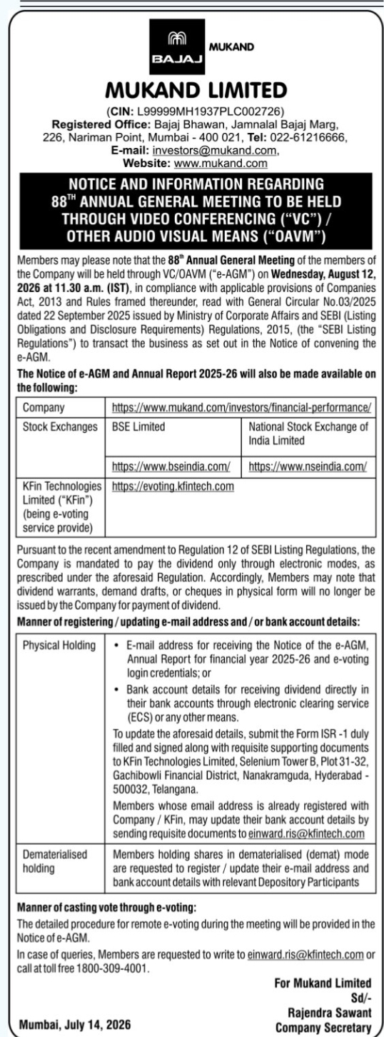 🏢 Mukand Limited – 88th Annual General Meeting Notice
