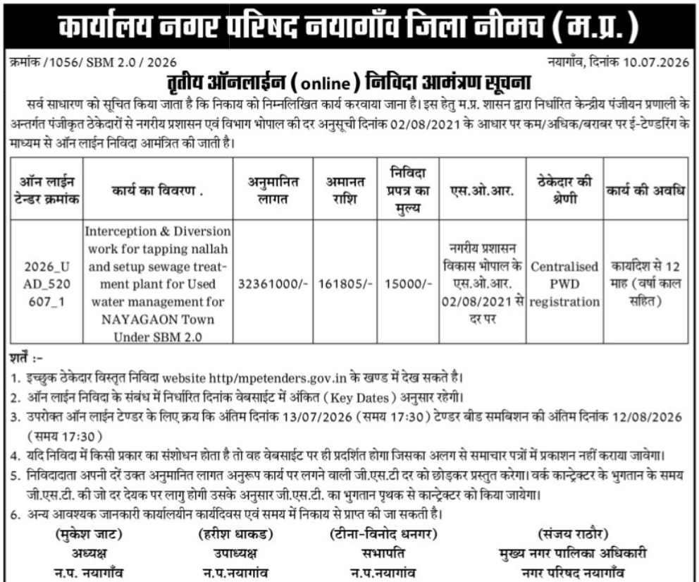 Nagar Parishad Nayagaon – Online Tender Notice