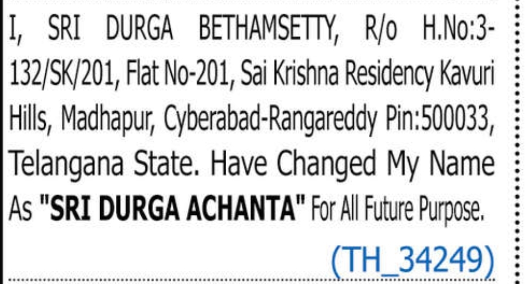 NAME CHAMGE NOTICE - SRI DUDRG BETHAMSETTY