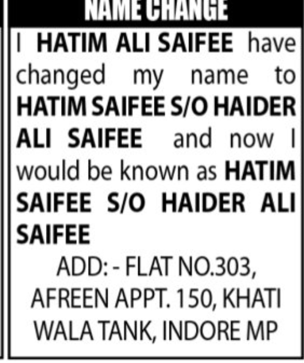 Name Change – Hatim Ali Saifee