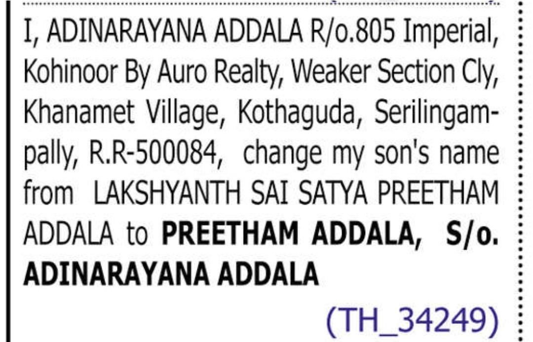 Name change notice - Adinarayana addala
