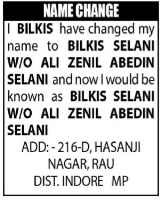 📝 Name Change Notice – Bilkis Selani