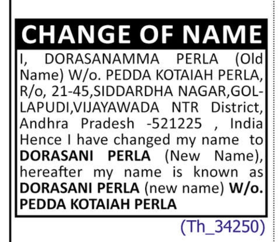 🔄 NAME CHANGE NOTICE – DORASANI PERLA