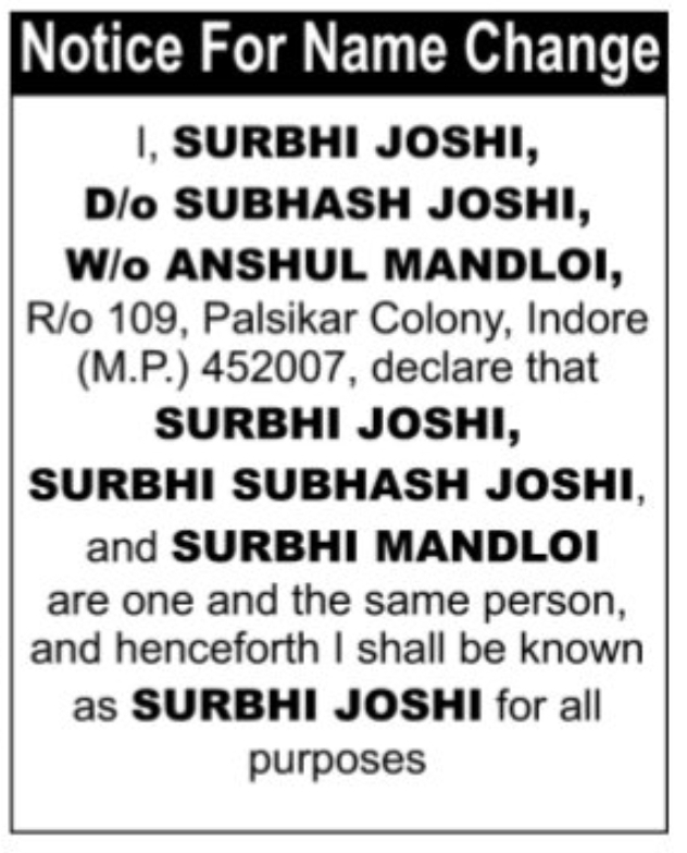 ✍️ Name Change Notice | Indore, Madhya Pradesh