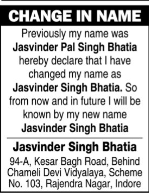 📝 Name Change Notice – Jasvinder Singh Bhatia, Indore