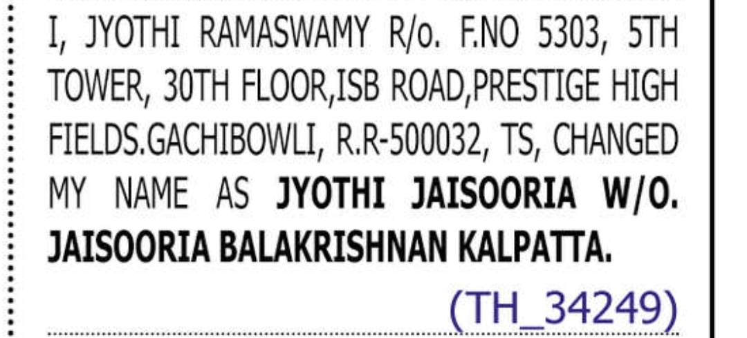 Name change notice - JYOTHI JAISOORIA
