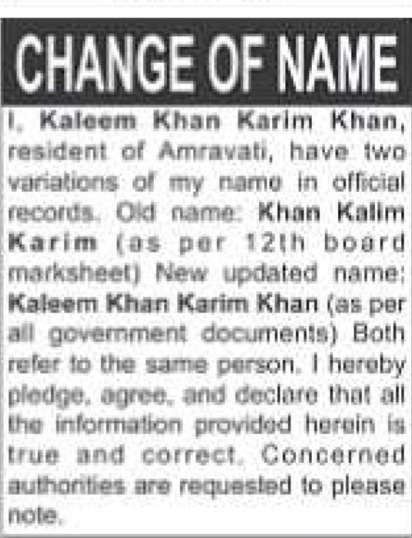 📝 Name Change Notice – Kaleem Khan Karim Khan | Amravati, Maharashtra