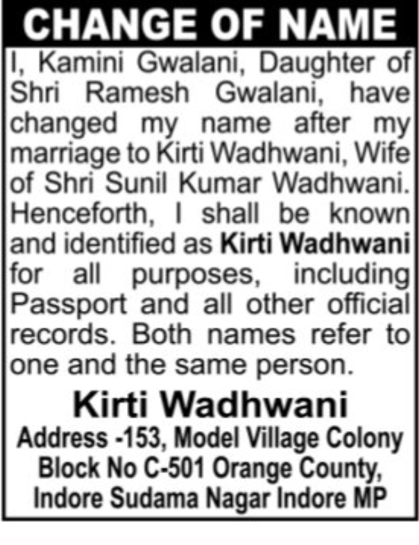 📝 Name Change Notice – Kirti Wadhwani, Indore