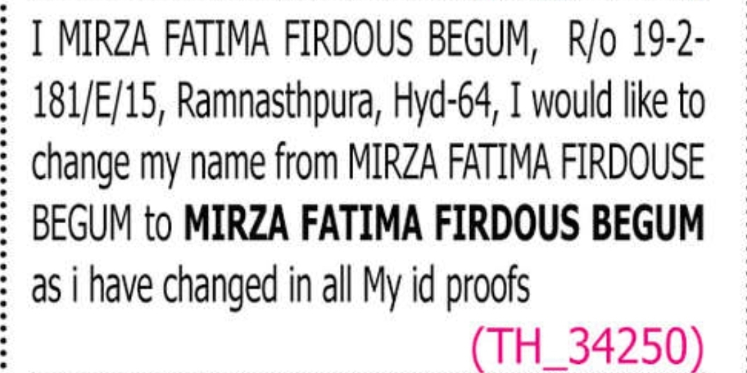 🆔 NAME CHANGE NOTICE – MIRZA FATIMA FIRDOUS BEGUM