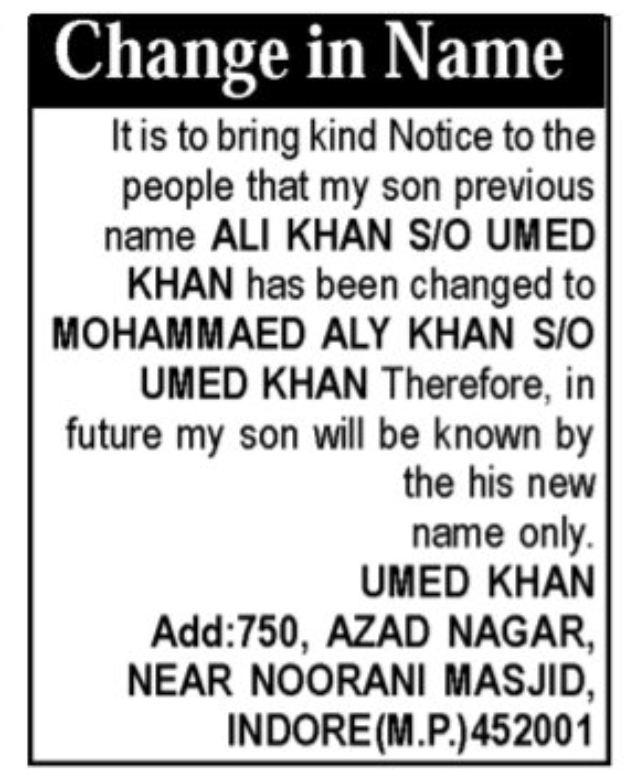📢 Name Change Notice – Mohammad Aly Khan