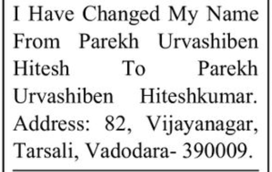 📝 Name Change Notice – Parekh Urvashiben Hiteshkumar 📍Vadodara