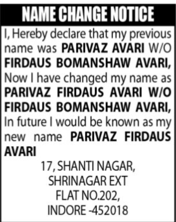 📝 Name Change Notice – Parivaz Firdaus Avari, Indore
