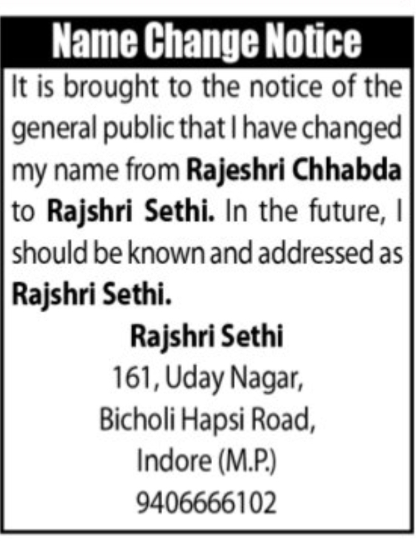 📝 Name Change Notice – Rajshri Sethi