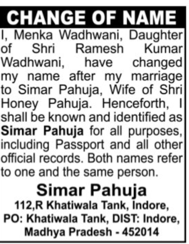 📝 Name Change Notice – Simar Pahuja, Indore