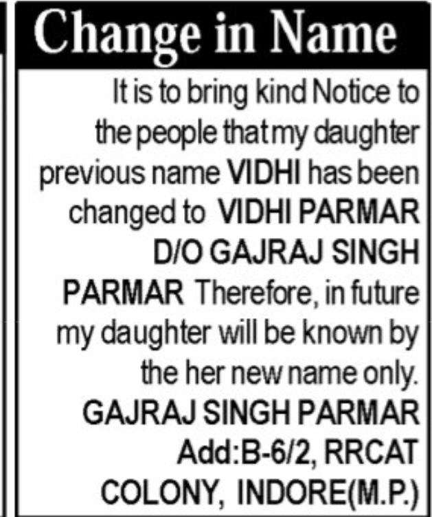📝 Name Change Notice – Vidhi Parmar, Indore