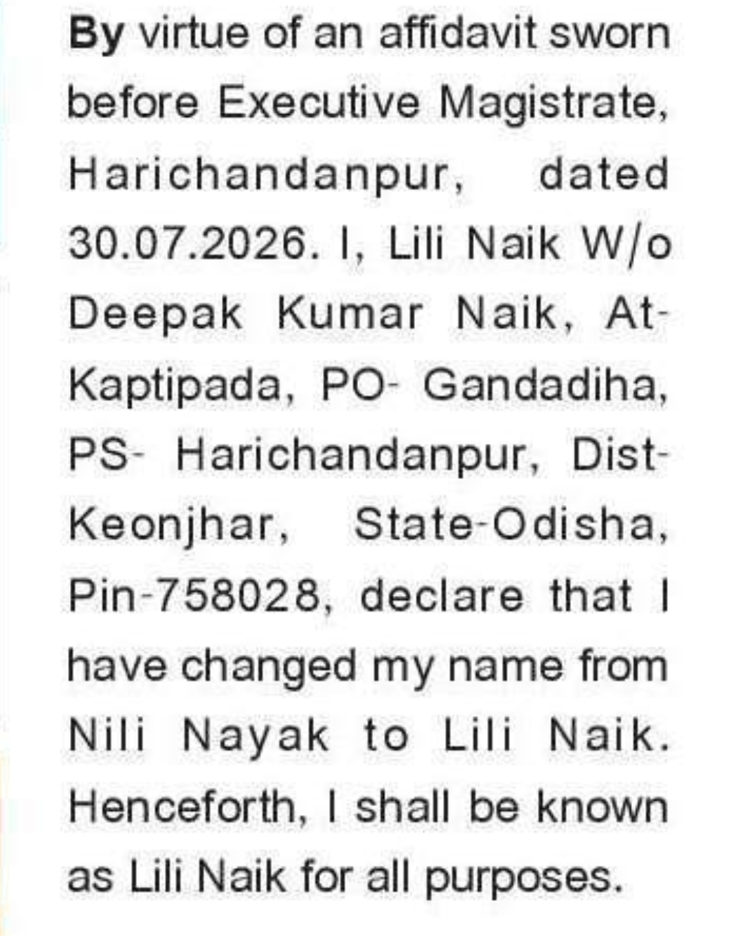 📝 Name Change Notification – Lili Naik | 📍Keonjhar, Odisha