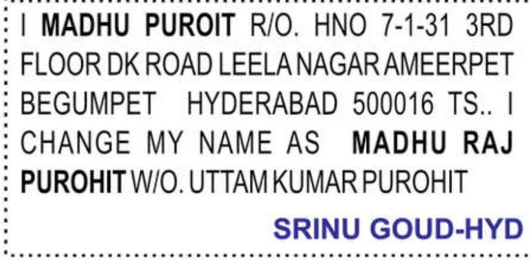 📝 Name Change Notification – Madhu Raj Purohit | 📍Ameerpet, Hyderabad
