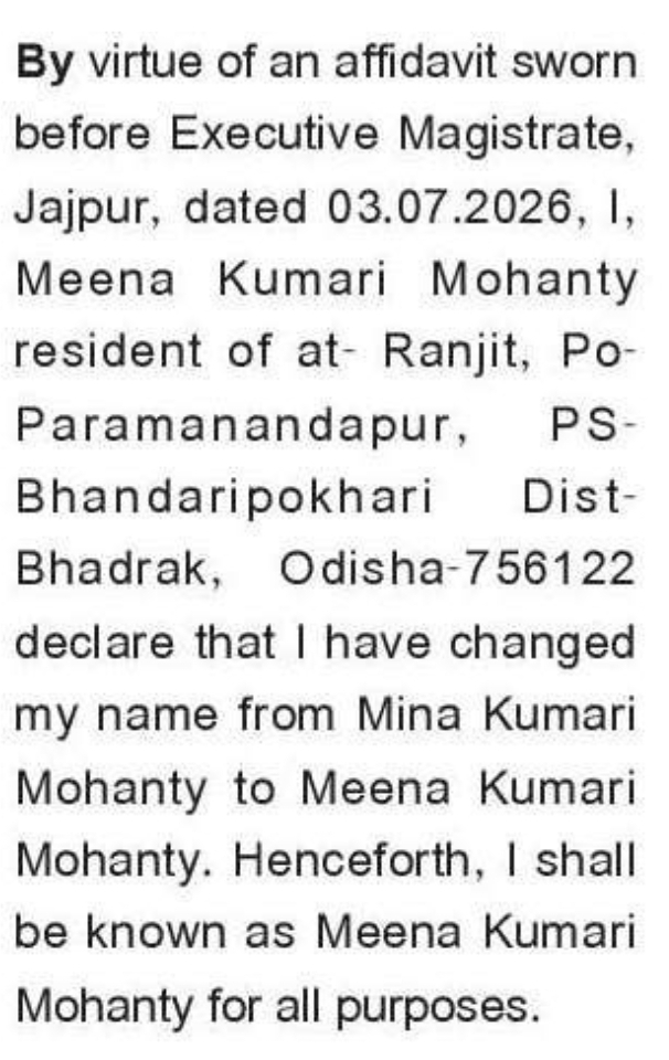 📢 Name Change Notification – Meena Kumari Mohanty | Bhadrak