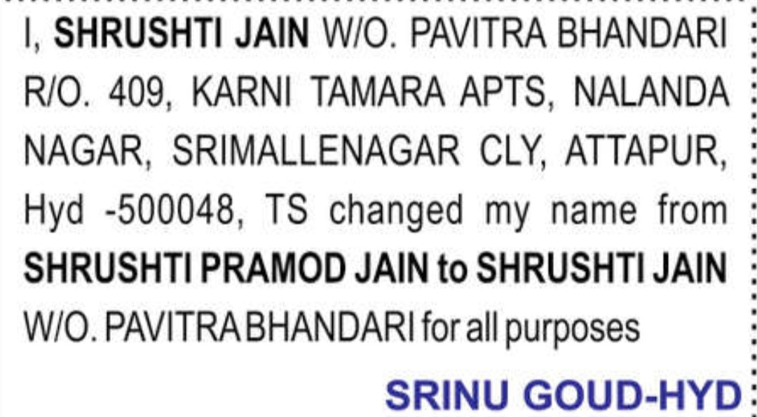 📝 Name Change Notification – Shrushti Jain | 📍Attapur, Hyderabad