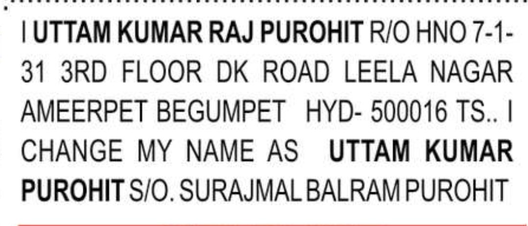 📝 Name Change Notification – Uttam Kumar Raj Purohit | 📍Ameerpet, Hyderabad