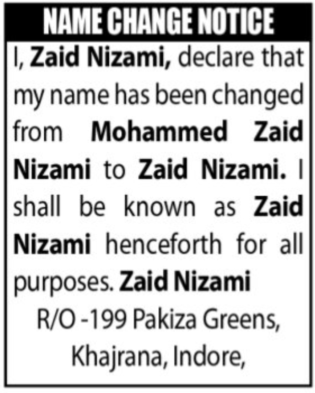 Name Change – Zaid Nizami