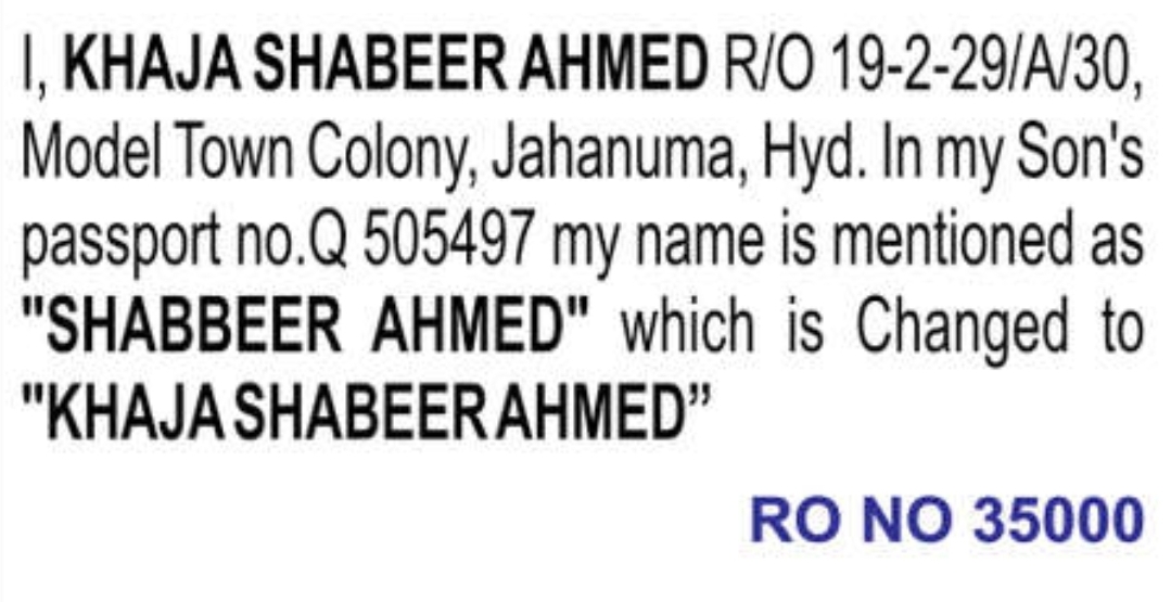 📝 Name Correction Notification – Khaja Shabeer Ahmed | 📍Jahanuma, Hyderabad