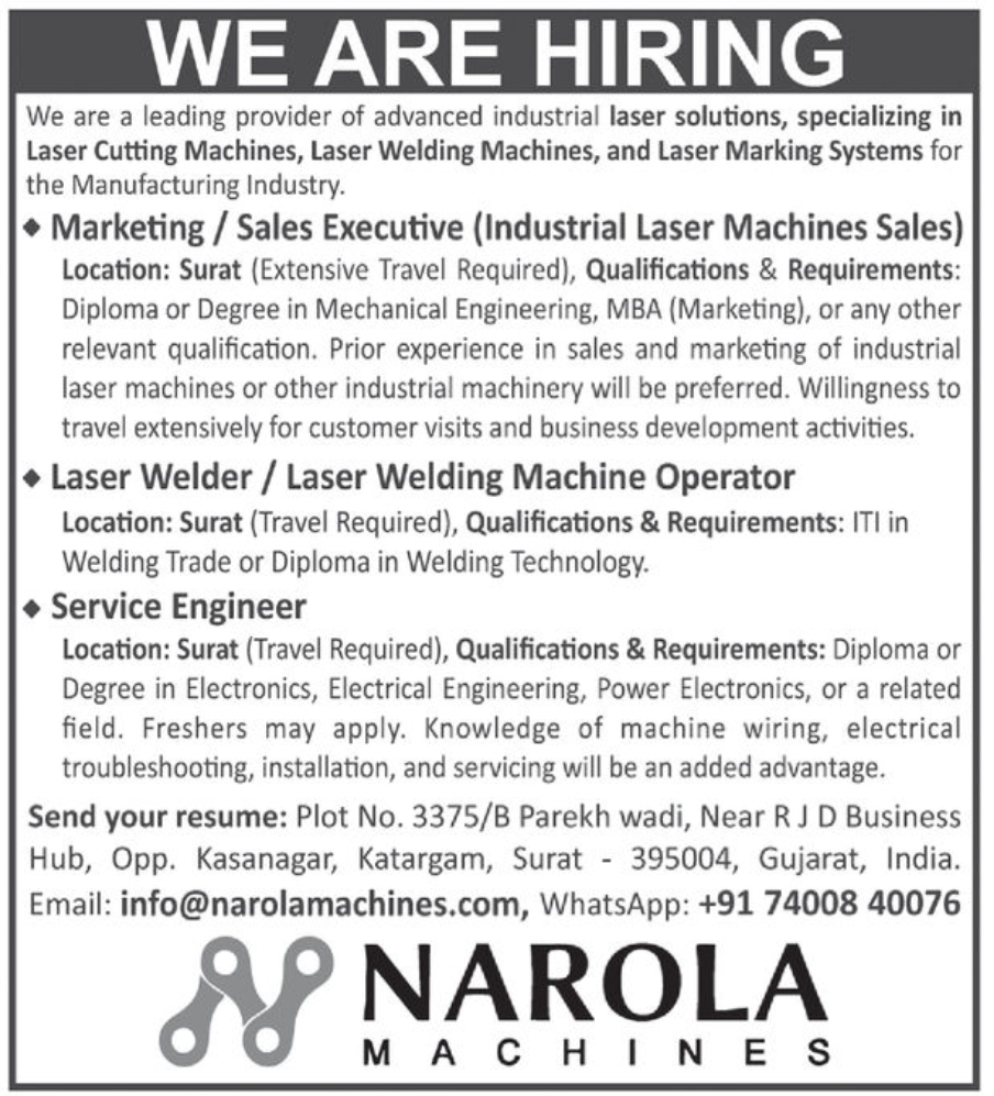 ⚙️ Narola Machines Hiring