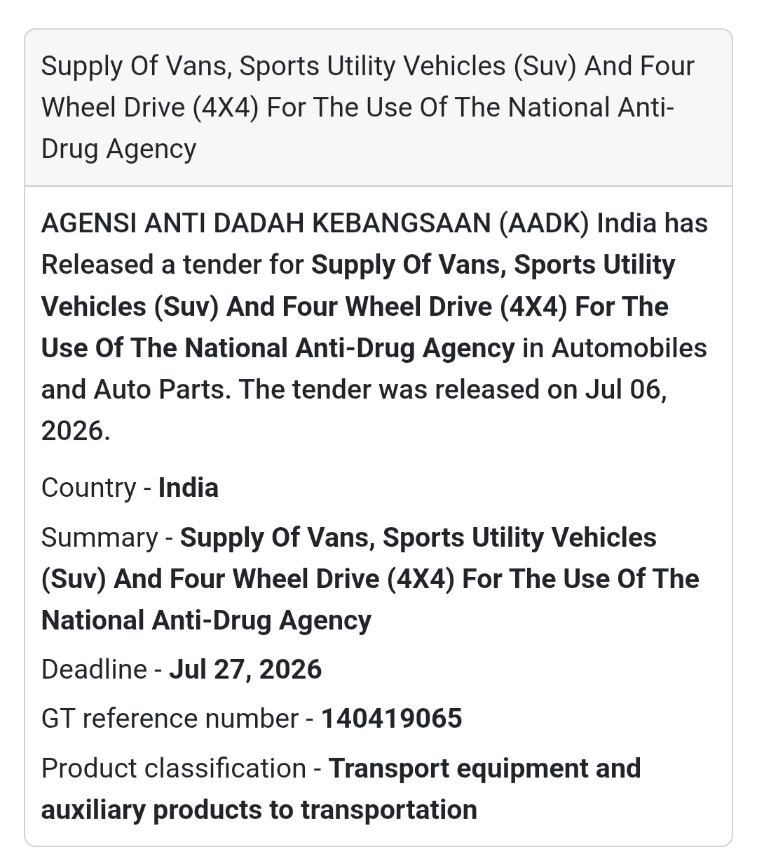 🚐 National Anti-Drug Agency (AADK) Tender | Malaysia