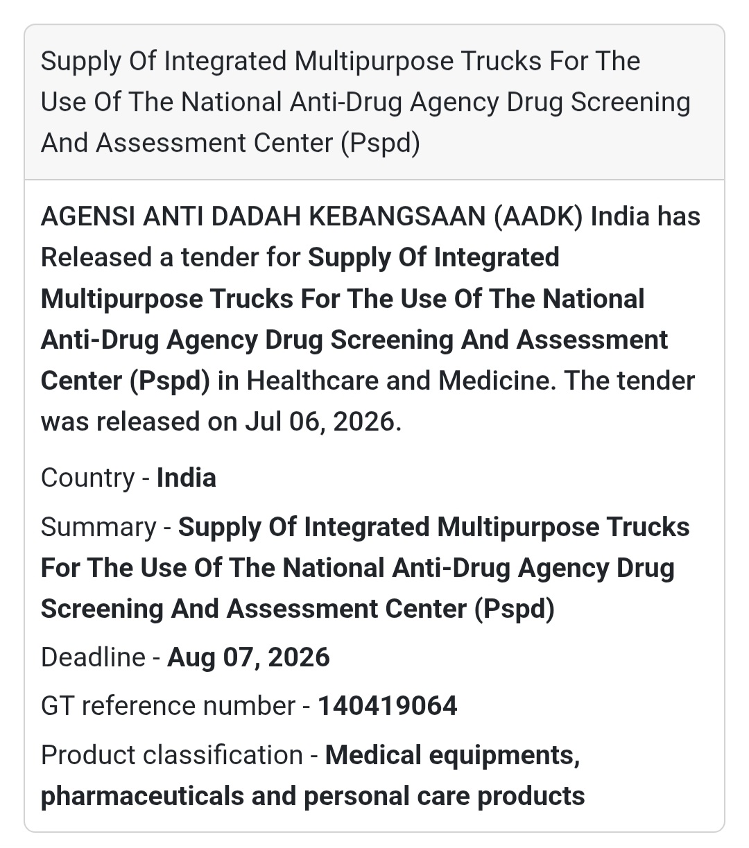 🚚 National Anti-Drug Agency (AADK) Tender | Malaysia