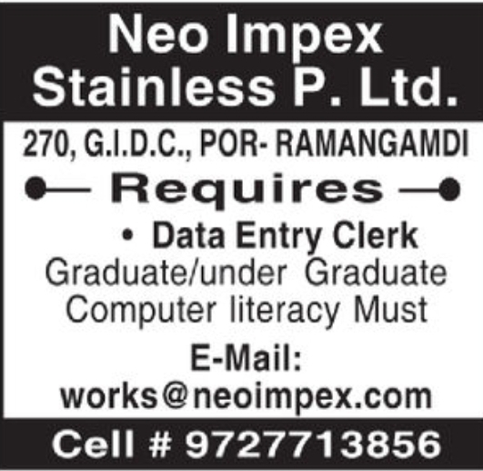 Neo lmpex Stainless P. Ltd. is Hiring in baroda