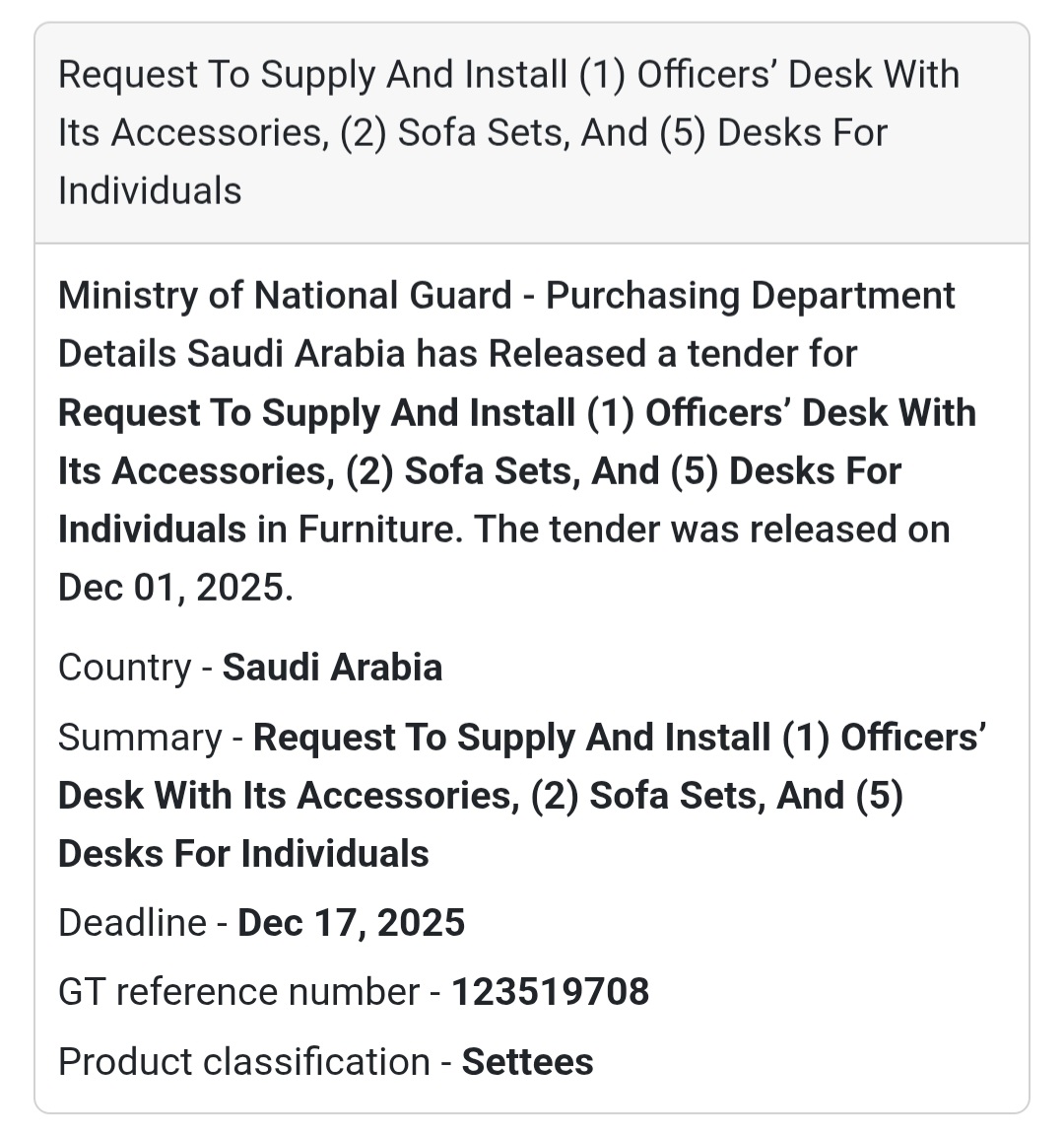 🛋️ New Furniture Supply Tender – Saudi Arabia 🇸🇦