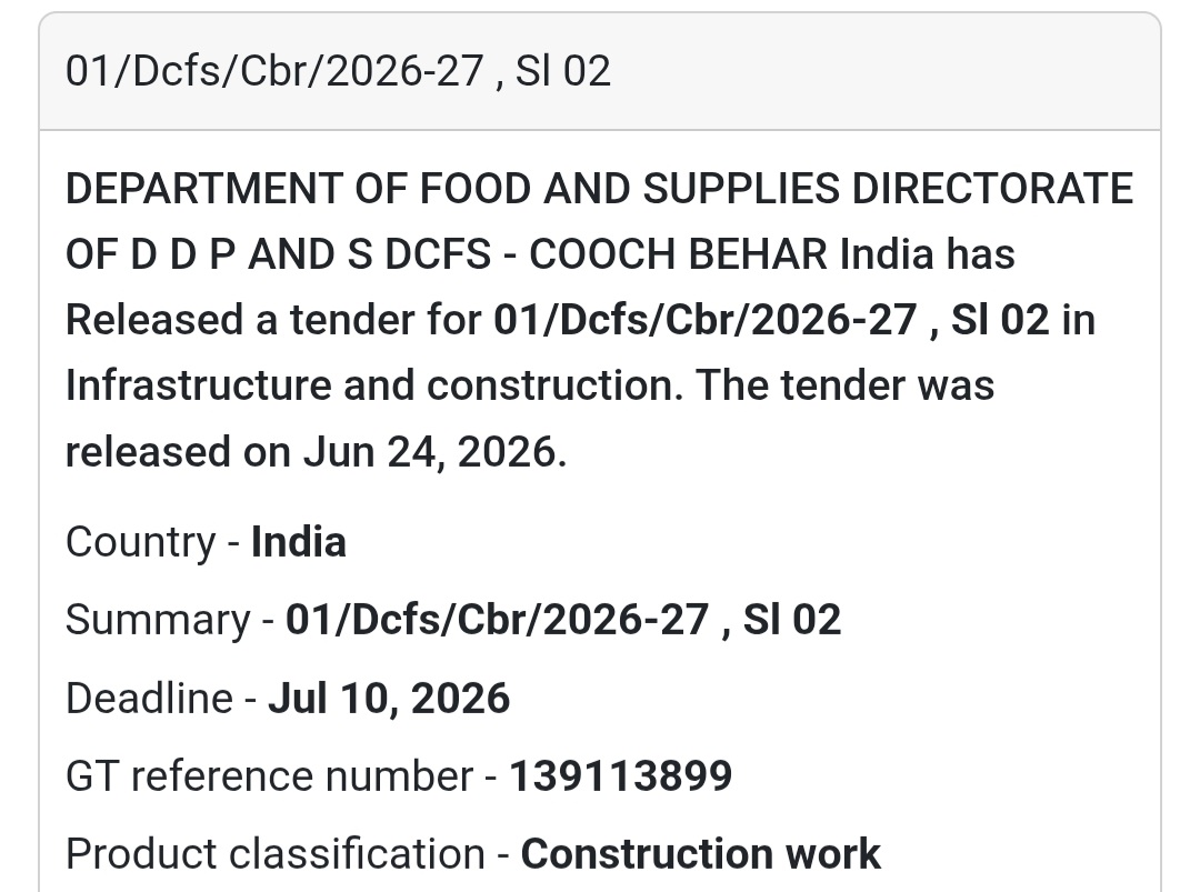 🚨 New Tender Alert | 01/DCFS/CBR/2026-27, Sl 02