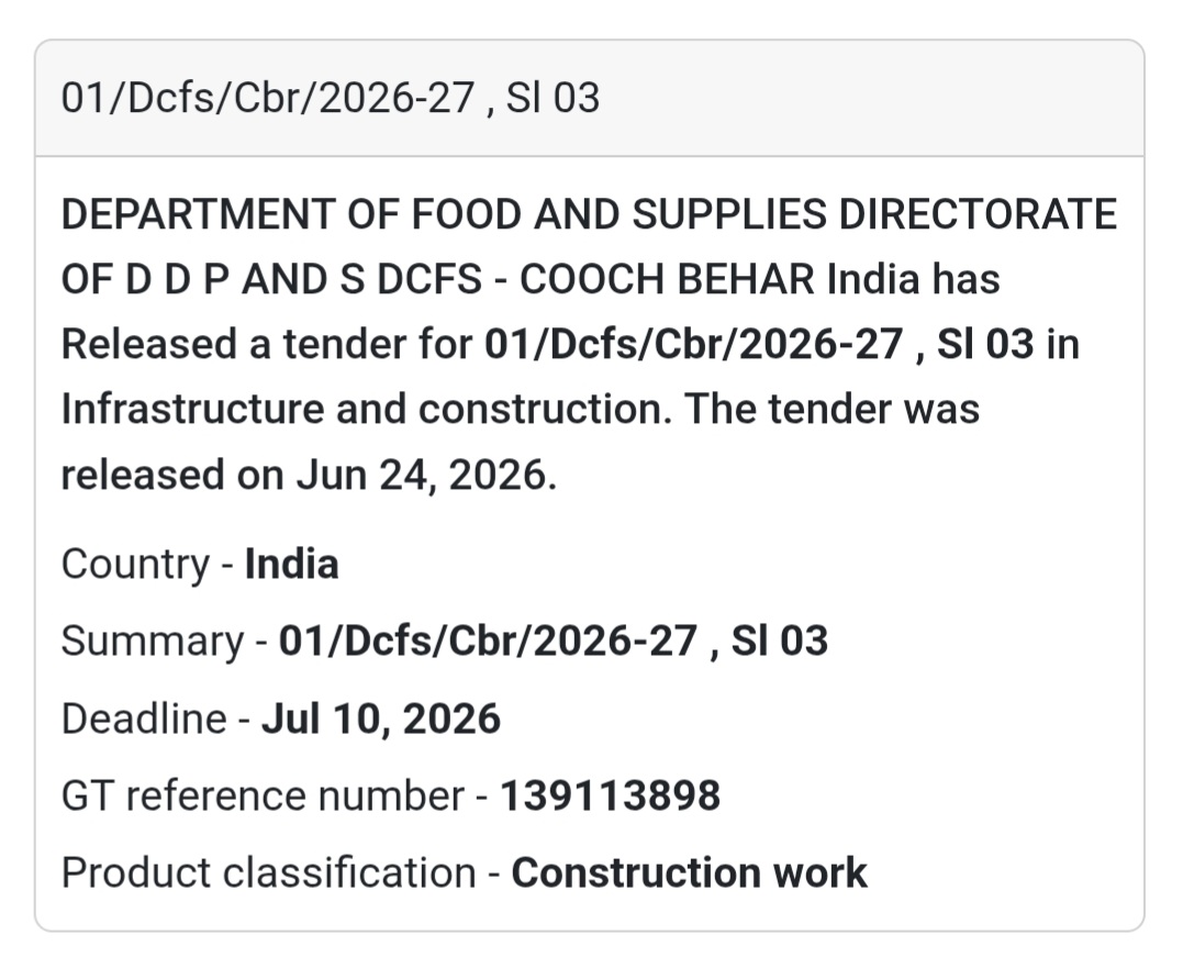 🚨 New Tender Alert | 01/DCFS/CBR/2026-27, Sl 03