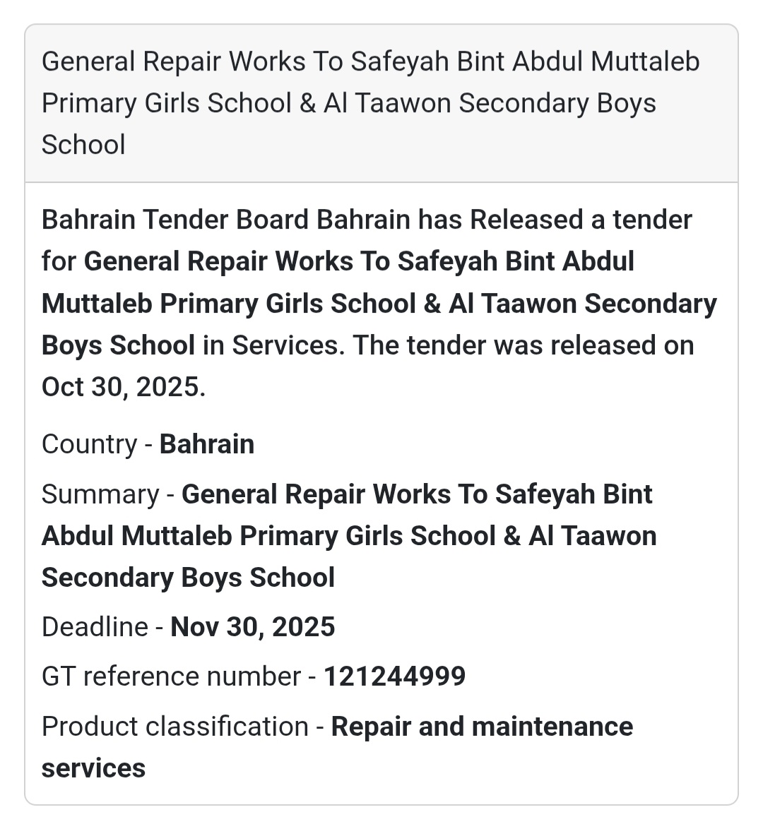🚧 New Tender Alert – Bahrain 🇧🇭