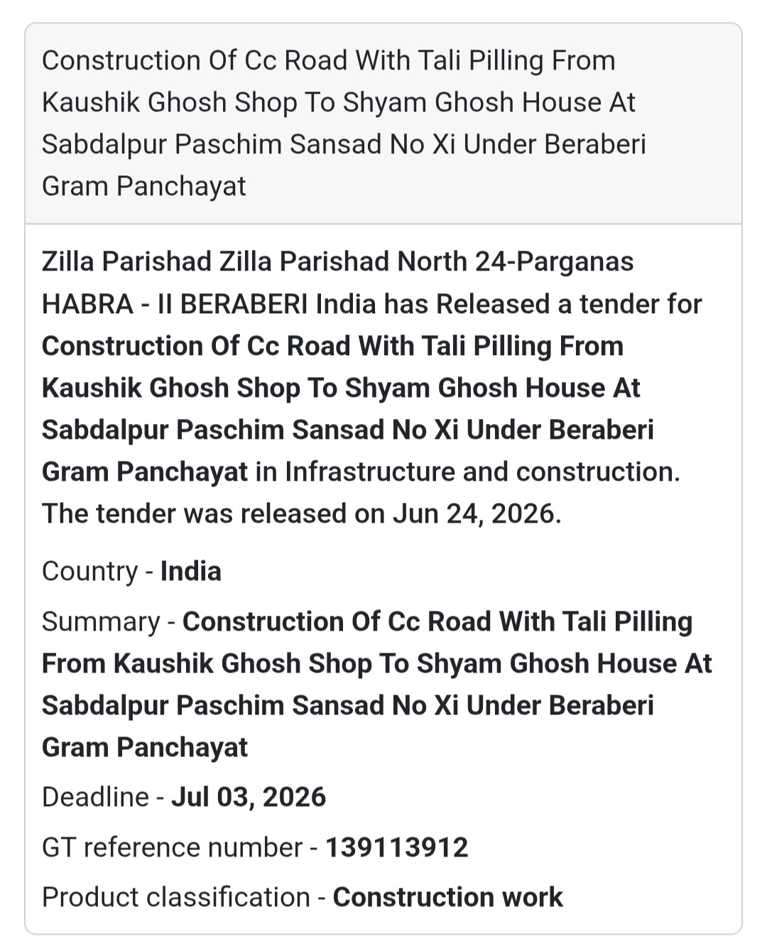 🚨 New Tender Alert | CC Road Construction – Beraberi Gram Panchayat