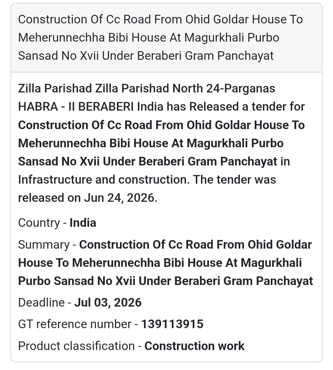 🚨 New Tender Alert | CC Road Construction – Magurkhali