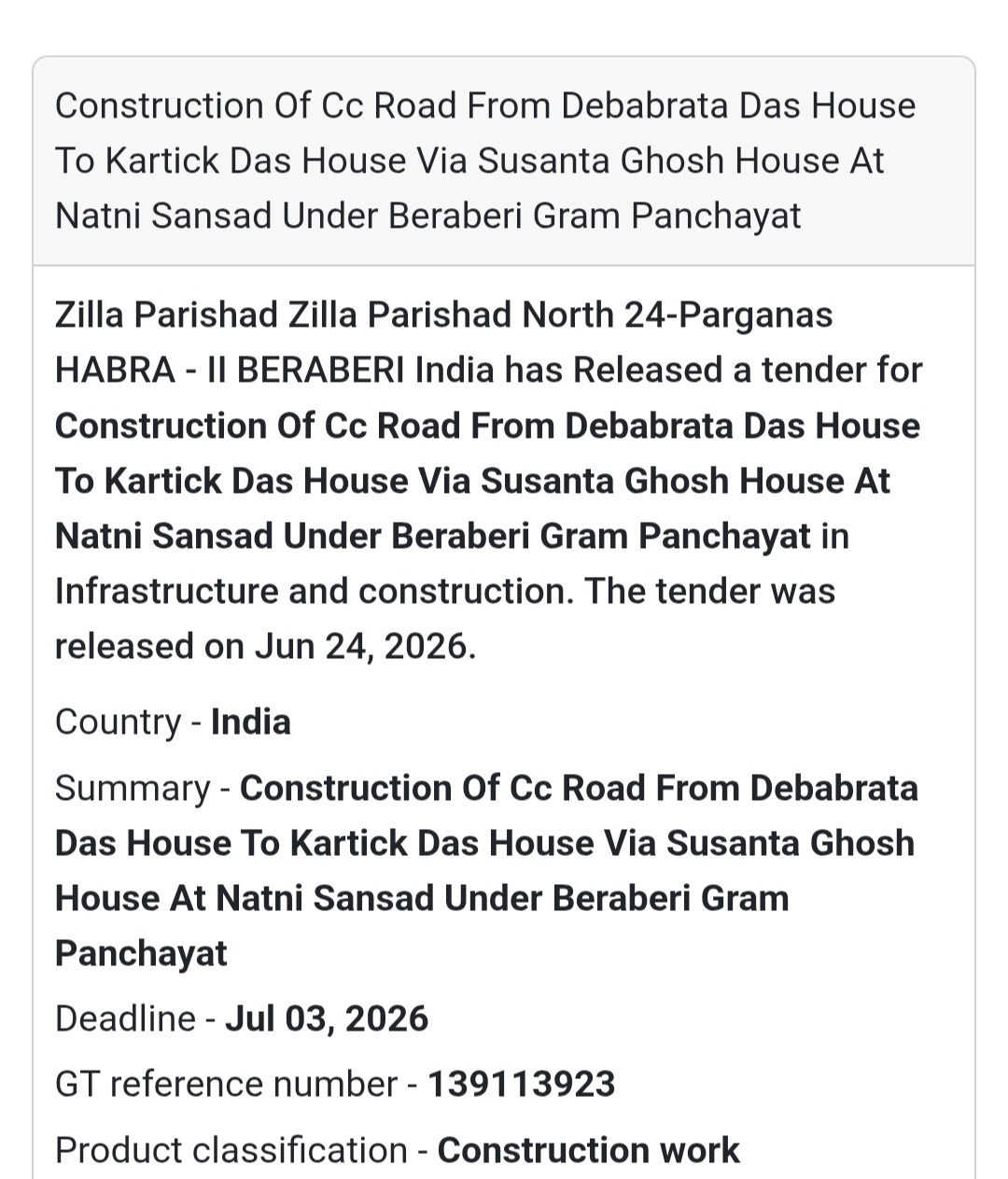 🚨 New Tender Alert | CC Road Construction – Natni Sansad