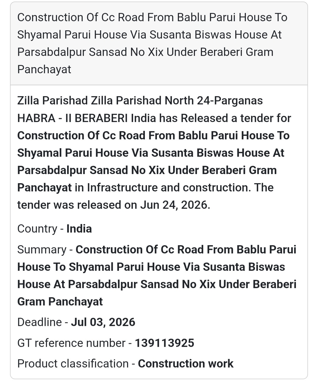 🚨 New Tender Alert | CC Road Construction – Parsabdalpur