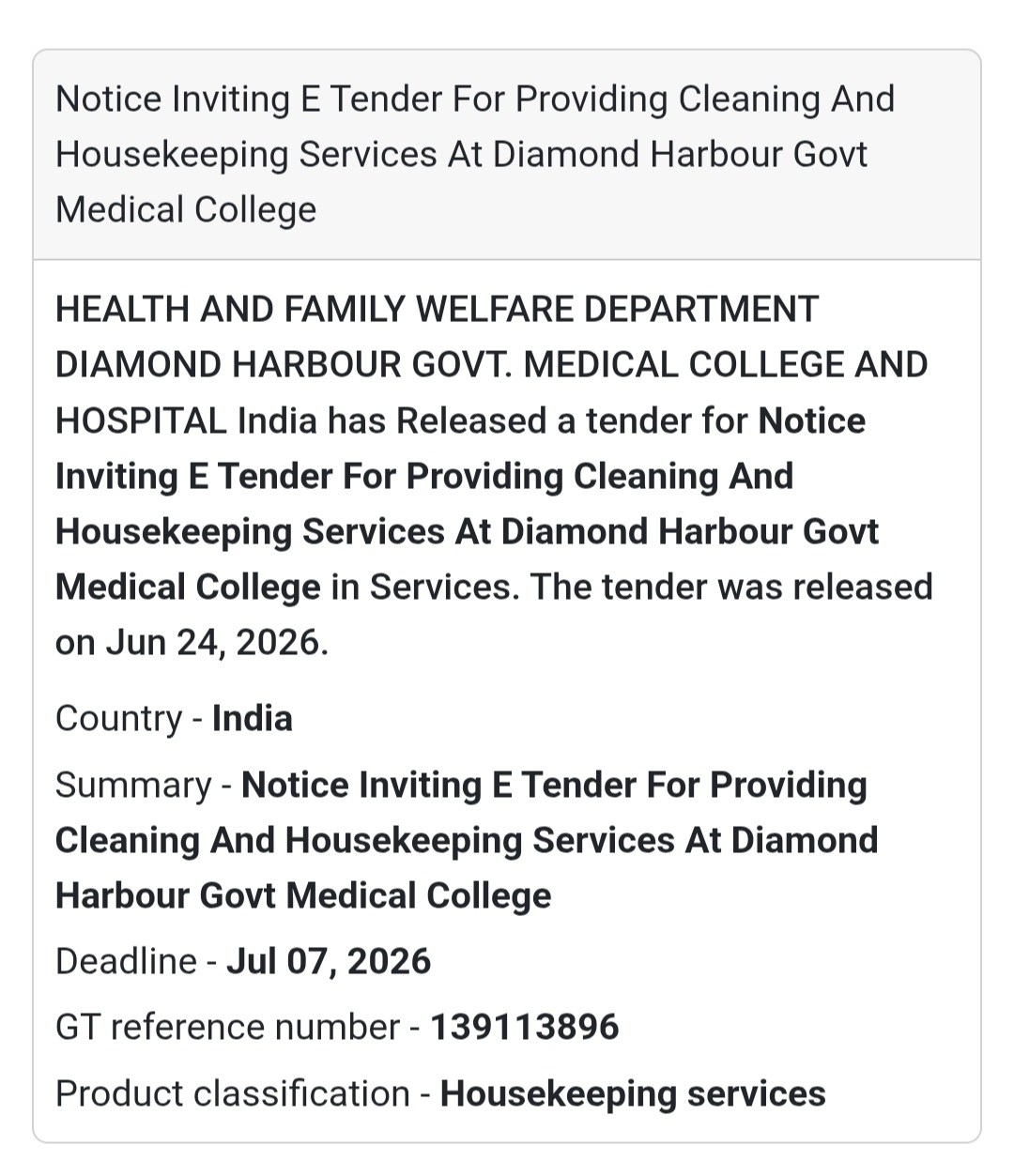 🚨 New Tender Alert | Cleaning & Housekeeping Services – Diamond Harbour Government Medical College