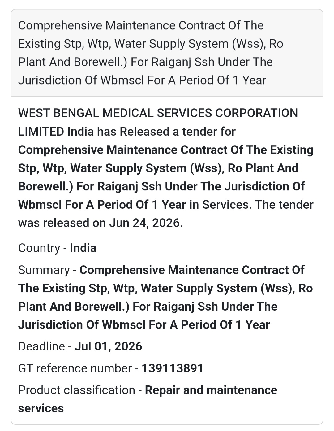 🚨 New Tender Alert | Comprehensive Maintenance Contract – Raiganj SSH